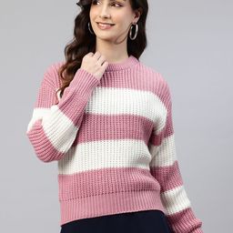 One Femme Striped Woollen Crop Pullover-image-16