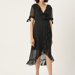 Rue Collection Solid Puff Sleeve Ruffled Chiffon A-Line Midi Dress-29