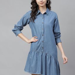 plusS Women Blue Solid Pure Cotton A-Line Dress-picture-23