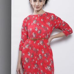 SASSAFRAS Women Red & Beige Floral Pleated Bodycon Dress-picture-25