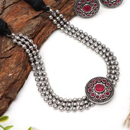 Ozanoo Oxidised Stone Ball Choker Jewellery Set-image-14