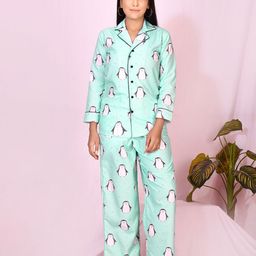 Navvi Women Sea Green & White Printed Night suit-image-39