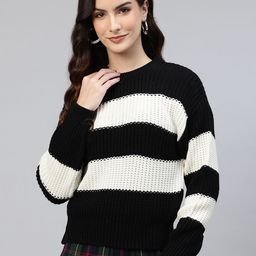 One Femme Striped Woollen Crop Pullover-image-77