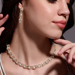 Rubans 18K Gold Plated AD & White Cubic Zirconia Studded Necklace and Earring Set-88