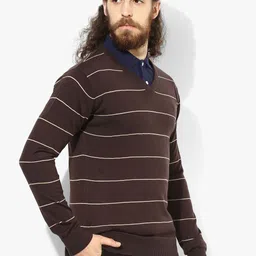 Allen Solly Men Coffee Brown & Beige Striped Wool & Cashmere Blend Pullover-image-27