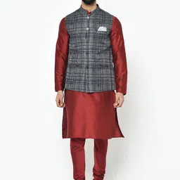 KISAH Men Maroon & Grey Solid Kurta with Pyjamas & Nehru Jacket-picture-19