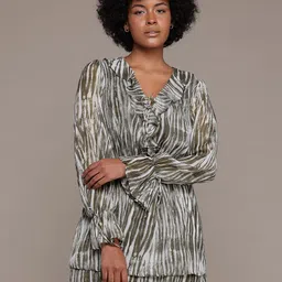 MANGO Abstract Print Bell Sleeve Ruffled Empire Dress-image-29