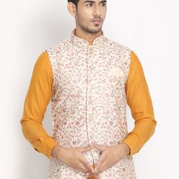 Manyavar Men Cream-Colour & Pink Embroidered Woven Nehru Jacket-image-48