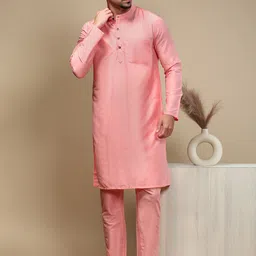 WHITE HEART Band Collar Straight Kurta With Pyjama-16