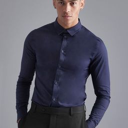 boohooMAN Men Navy Blue Opaque Formal Shirt-image-32