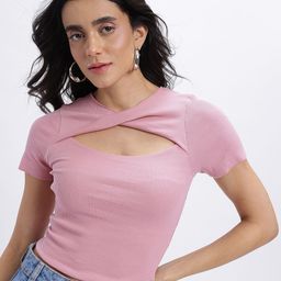 glitchez Ribbed Twisted Cut-Out Neck Slim Fit Crop Top-picture-27