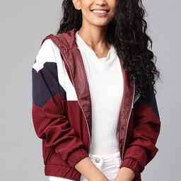 Mast & Harbour Women Maroon & Navy Blue Colourblocked Hooded Lightweight Bomber Jacket-picture-30