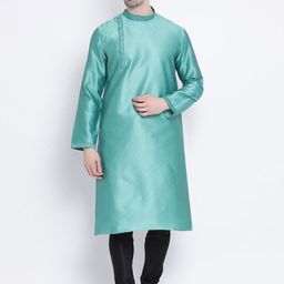 Sanwara Men Sea Green Woven Design Silk Straight Kurta-picture-26