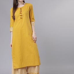 Vishudh Women Mustard Yellow & Off-White Striped Kurti with Palazzos-13