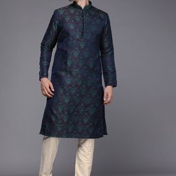 Manyavar Men Blue Ethnic Motifs Self Design Kurta with Pyjamas-image-12