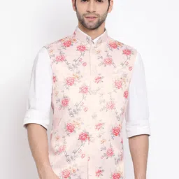 VASTRAMAY Men Peach Coloured & Grey Floral Printed Nehru Jacket-9