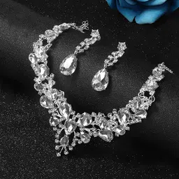 Yellow Chimes Women Rhodium-Plated Silver-Toned Crystal Studded Jewellery Set-44