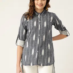 MissKurti Grey & White Viscose Rayon Shirt Collar Printed High-Low Tunic-image-24