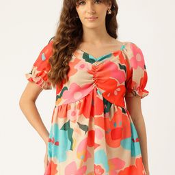 FERANOID Floral Print Sweetheart Neck Puff Sleeve Linen Blouson Crop Top-image-99