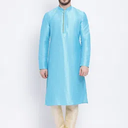 NAMASKAR Men Blue Solid Dupion Silk Straight Kurta-image-56