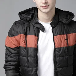 Roadster Men Black & Rust Orange Detachable Hood Colourblocked Puffer Jacket-picture-50