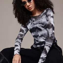 The Roadster Life Co. Abstract Printed Monochrome Mesh Sheer Fitted Crop Top-31
