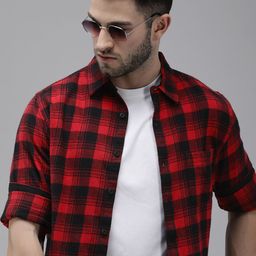 The Roadster Lifestyle Co Men Red Tartan Checked Pure Cotton Casual Shirt-image-40