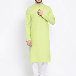 NAMASKAR Men Green & White Solid Kurta with Churidar-9