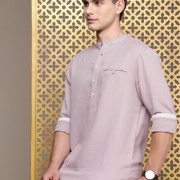 House of Pataudi Band Collar Striped Rozana Kurta-picture-24
