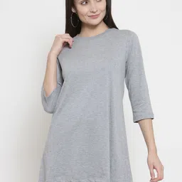 Kalt Women Grey Solid Round Neck Longline T-shirt-image-53