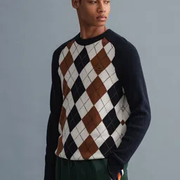 GANT Men Navy Blue & White Argyle Printed Pullover-image-39