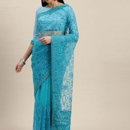 Mitera Turquoise Blue Embellished Net Saree-image-68