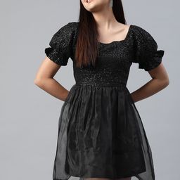 plusS Solid Sequin Work Puff Sleeves Dress-picture-46
