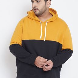 Instafab Plus Men Mustard Yellow & Black Colourblocked Hooded Sweatshirt-image-11