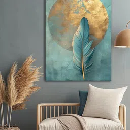 999Store Green & Gold-Toned Feather Canvas Wall Art-image-18