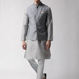 KISAH Men Grey Regular Jacquard Kurta with Churidar & Jacket-42