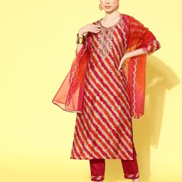 Sangria Women Leheriya Printed Regular Sequinned Kurta with Trousers & With Dupatta image 1