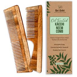 Nat Habit Kacchi Neem Wooden Comb Treated with Neem Oil - Fine + Dual Tooth Combo-52