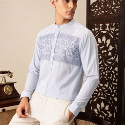 House of Pataudi Floral Embroidered Band Collar Pure Cotton Jashn Shirt-image-23