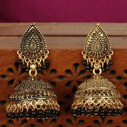 ANIKAS CREATION Black & Gold-Plated Teardrop Shaped Jhumkas-1