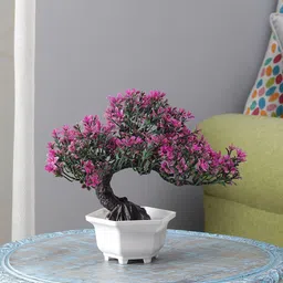 FOLIYAJ Magenta & Green Bent Bonsai Tree Artificial Plant with Pot-30