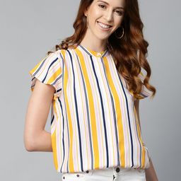 Mast & Harbour Women Off-White & Mustard Yellow Pleated Candy-Striped Blouson Pure Cotton Top-image-67