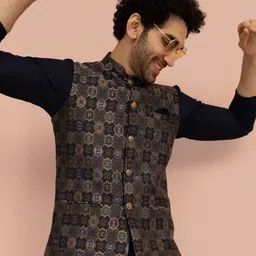 KISAH Men Navy Blue Jacquard Geometric Nehru Jackets-56