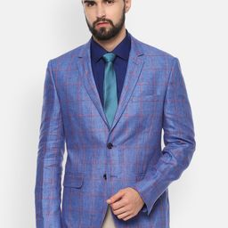 Van Heusen Men Blue Checked Single Breasted Pure Linen Slim Fit Blazer-picture-12