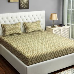 SWAYAM Gold-Toned & Beige Geometric 144 TC 1 Double Queen Bedsheet with 2 Pillow Covers-image-47