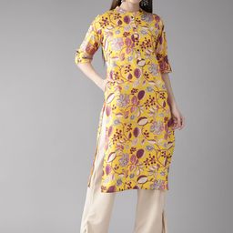 Cayman Women Floral Printed Kantha Work Straight Kurta-49
