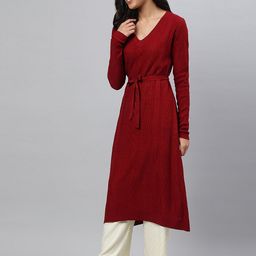 AURELIA Women Red Woven Design Open Knitted Kurta-image-39