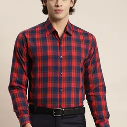 SOJANYA Men Navy Blue Tartan Checks Formal Shirt-image-25