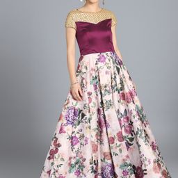 Ethnovog Women Off-White  Purple Made to Measure Printed Cocktail Gown-image-14