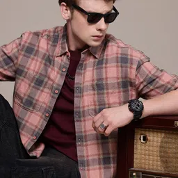 The Roadster Life Co. Relaxed Fit Opaque Typography Print Checked Pure Cotton Casual Shirt-image-96
